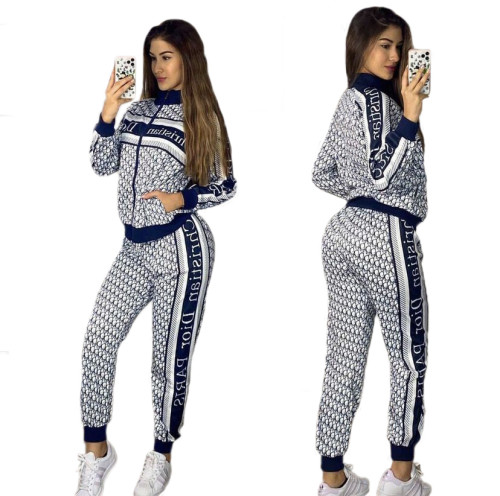 Casual High Neck Zipper Printed Dyeing Pattern Two Piece Sports Set
