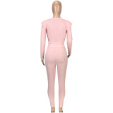 Solid Color Pink Scoop Neck Pitted Wool Two Piece Fall Winter Outfits