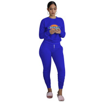 Autumn Royal Blue Printed Sweatsuits Women Two Piece Set Long Sleeve Top and Stacked Sweat Pants Set