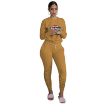 Autumn Apricot Printed Sweatsuits Women Two Piece Set Long Sleeve Top and Stacked Sweat Pants Set