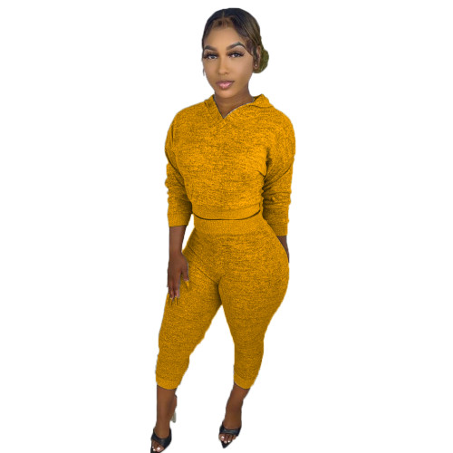 Womens Fall Clothing 2021 Solid Yellow V Neck Sweatpant and Hoodie Set For Women