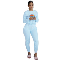 Autumn Light Blue Printed Sweatsuits Women Two Piece Set Long Sleeve Top and Stacked Sweat Pants Set