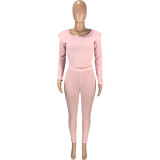 Solid Color Pink Scoop Neck Pitted Wool Two Piece Fall Winter Outfits