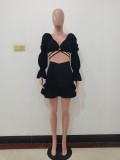 Black Long Sleeve Club Crop Top Pleated Mini Skirts Sexy Women Two Piece Skirt Set Matching Sets