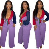 Purple Two Piece Color-blocking Lace-up Crop Top and Wide-leg pants with Pockets