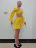 Yellow Long Sleeve Club Crop Top Pleated Mini Skirts Sexy Women Two Piece Skirt Set Matching Sets