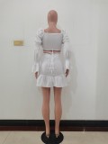 White Long Sleeve Club Crop Top Pleated Mini Skirts Sexy Women Two Piece Skirt Set Matching Sets