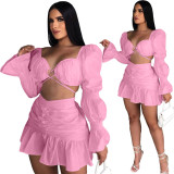Pink Long Sleeve Club Crop Top Pleated Mini Skirts Sexy Women Two Piece Skirt Set Matching Sets