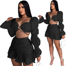 Black Long Sleeve Club Crop Top Pleated Mini Skirts Sexy Women Two Piece Skirt Set Matching Sets