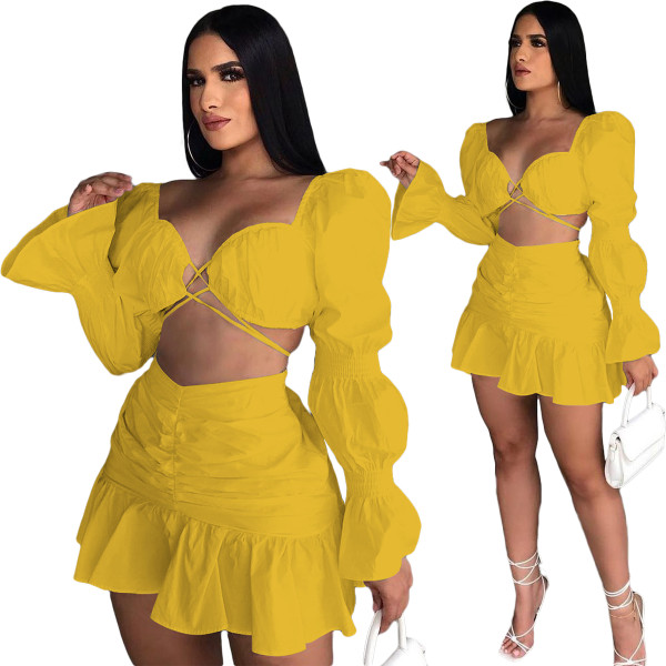 Yellow Long Sleeve Club Crop Top Pleated Mini Skirts Sexy Women Two Piece Skirt Set Matching Sets