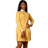 Solid Color Yellow Basic Ruffle Pleated Dress