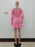 Pink Long Sleeve Club Crop Top Pleated Mini Skirts Sexy Women Two Piece Skirt Set Matching Sets