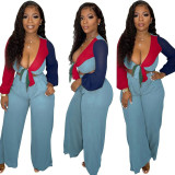 Two Piece Color-blocking Lace-up Crop Top and Wide-leg pants with Pockets