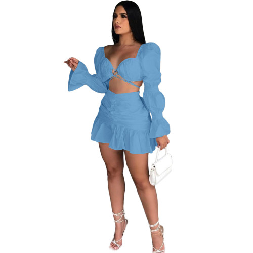 Sky Blue Long Sleeve Club Crop Top Pleated Mini Skirts Sexy Women Two Piece Skirt Set Matching Sets
