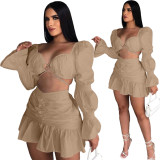 Khaki Long Sleeve Club Crop Top Pleated Mini Skirts Sexy Women Two Piece Skirt Set Matching Sets