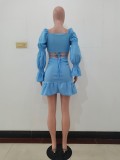Sky Blue Long Sleeve Club Crop Top Pleated Mini Skirts Sexy Women Two Piece Skirt Set Matching Sets