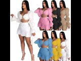 White Long Sleeve Club Crop Top Pleated Mini Skirts Sexy Women Two Piece Skirt Set Matching Sets