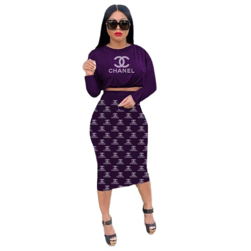 Casual Women Purple Printed Letter Crop Top Fall Skirt Set