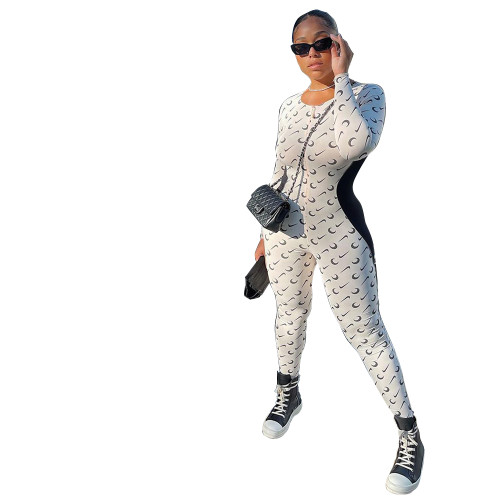Casual White Stitching Printed Jumpsuit with Invisible Zipper