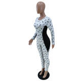 Casual White Stitching Printed Jumpsuit with Invisible Zipper