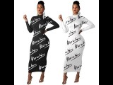 Fashion Black Printed Letter O Neck Long Dress For Fall Women