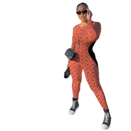 Casual Stitching Printed Jumpsuit with Invisible Zipper