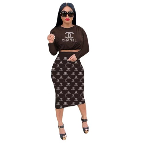 Casual Women Coffee Printed Letter Crop Top Fall Skirt Set