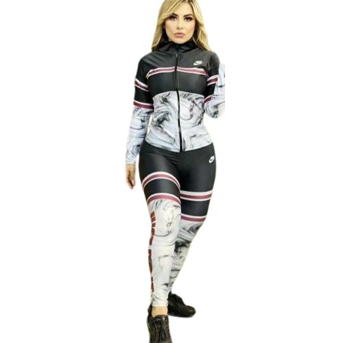 Brand Clothing High Neck Printed Letter Joggers Pants Two Piece Pants Set For Women