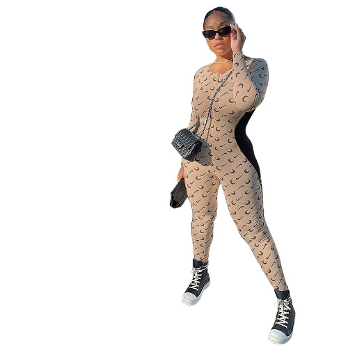 Casual Khaki Stitching Printed Jumpsuit with Invisible Zipper
