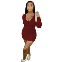 Casual Wine Red Pit Low-cut V Neck Sexy Mini Dress