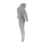 Winter Grey Fleece Two Piece Sweatpants and Hoodie Set for Women