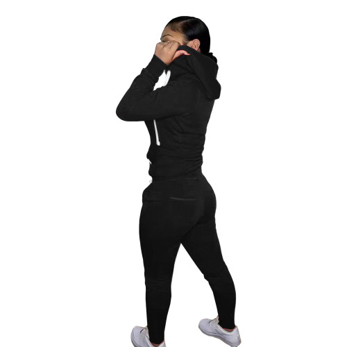 Winter Black Fleece Two Piece Sweatpants and Hoodie Set for Women