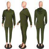 Casual Solid Dark Green Long Sleeve Sweatpants Hoodie Women Set