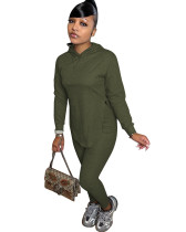 Casual Solid Dark Green Long Sleeve Sweatpants Hoodie Women Set