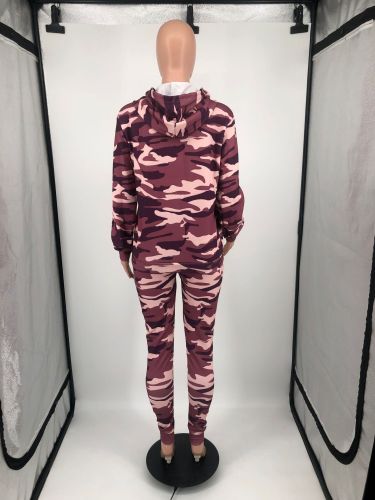 Casual Camouflage Drawstring Sweatsuits Hoodie Pants Sets For Women