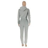 Winter Grey Fleece Two Piece Sweatpants and Hoodie Set for Women
