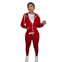 Winter Red Fleece Two Piece Sweatpants and Hoodie Set for Women