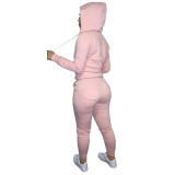 Winter Pink Fleece Two Piece Sweatpants and Hoodie Set for Women