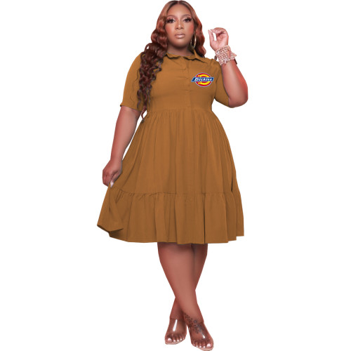 Coffee Plus Size Turn-down Neck Printed Stitching Pleated Midi Dress with Button