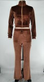 Winter Brown Korean Velvet Zipper Jacket Top and Wide Leg Pants Sweatpants Matching Sets Velour Tracksuit for Women