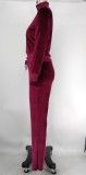 Winter Wine Red Korean Velvet Zipper Jacket Top and Wide Leg Pants Sweatpants Matching Sets Velour Tracksuit for Women