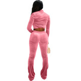 Winter Pink Korean Velvet Zipper Jacket Top and Wide Leg Pants Sweatpants Matching Sets Velour Tracksuit for Women
