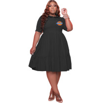 Black Plus Size Turn-down Neck Printed Stitching Pleated Midi Dress with Button