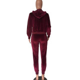Casual Wine Red Velvet Hooded Zipper Sweatshirt Two Piece Set