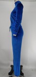 Winter Royal Blue Korean Velvet Zipper Jacket Top and Wide Leg Pants Sweatpants Matching Sets Velour Tracksuit for Women
