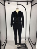 Casual Black Velvet Hooded Zipper Sweatshirt Two Piece Set