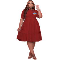 Red Plus Size Turn-down Neck Printed Stitching Pleated Midi Dress with Button