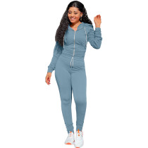 Autumn Winter Grayish Blue Elastic Waist Zipper Sports Hoodie Jogger Set