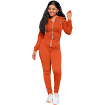 Autumn Winter Orange Elastic Waist Zipper Sports Hoodie Jogger Set