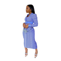 Dark Blue Printed Threaded Plaid 2 Two Piece Set Women Long Sleeve Jackets Bodycon Mid Skirts Suit